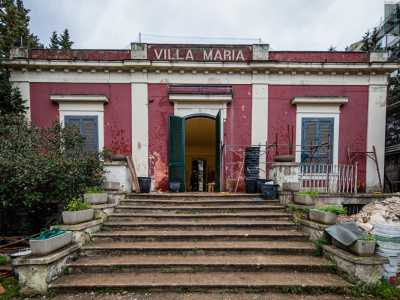 La facciata � tripartita da lesene lisce che delimitano il portone centrale e due finestroni ai lati. Questi ultimi sono circoscritti in frontoni in pietra color crema...